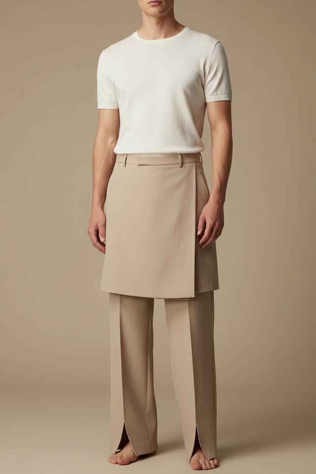 Pantalon Jupe Beige Droit Superposé Élégant Homme - Gabardine