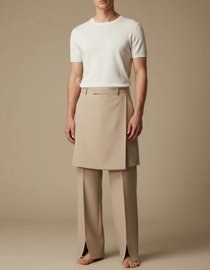 Pantalon Jupe Beige Droit Superposé Élégant Homme - Gabardine
