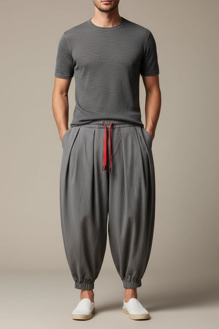 Pantalon Jupe Ample Coton Lin Gris Plissé