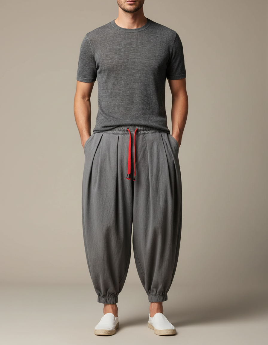 Pantalon Jupe Ample Coton Lin Gris Plissé