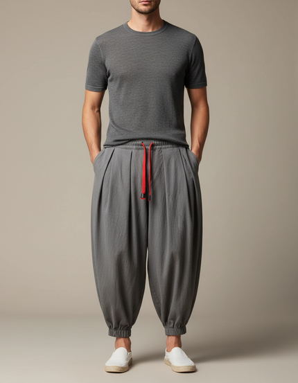 Pantalon Jupe Ample Coton Lin Gris Plissé