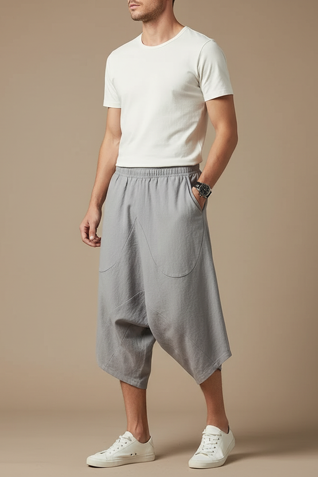 Pantalon Jupe Coton Lin Ample Gris Homme