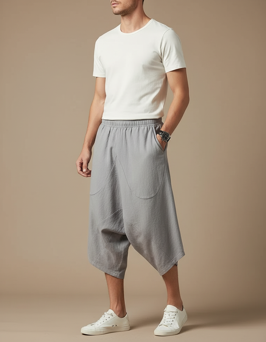 Pantalon Jupe Coton Lin Ample Gris Homme