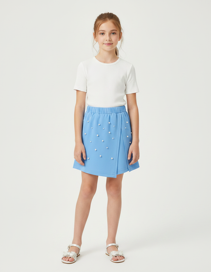 Pantalon Jupe Bleu Perles Élastique Fille Élégant - Polyester