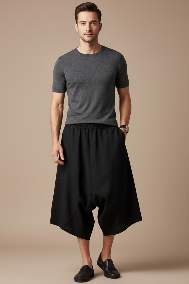 Pantalon Jupe Noir Ample Coton Lin Homme