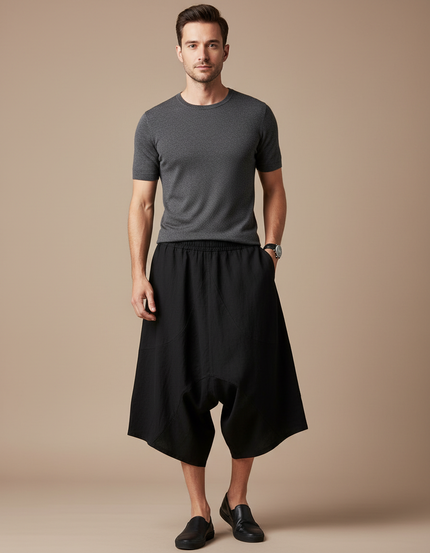 Pantalon Jupe Noir Ample Coton Lin Homme