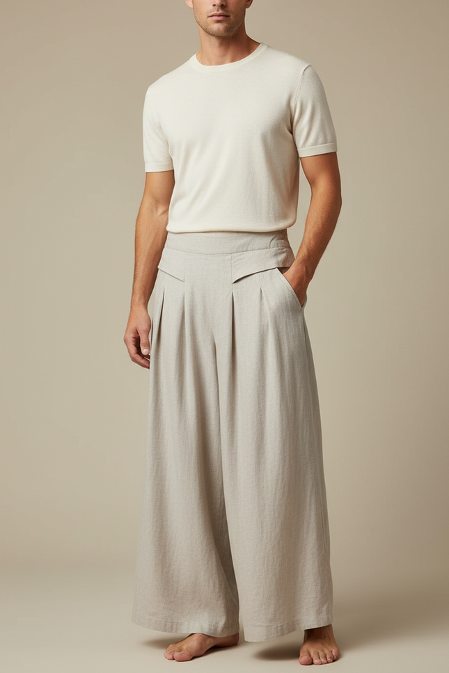 Pantalon Jupe Beige Lin Ample Plissé Fluide