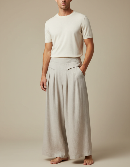 Pantalon Jupe Beige Lin Ample Plissé Fluide