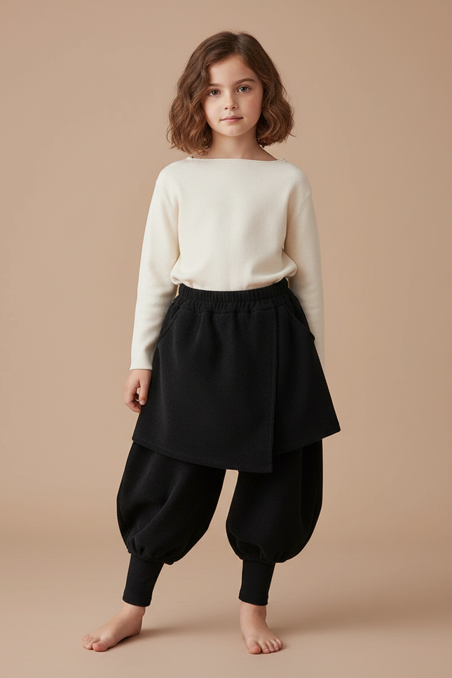 Pantalon Jupe Noir Plissé Intégré Chaud Fille - Cordé