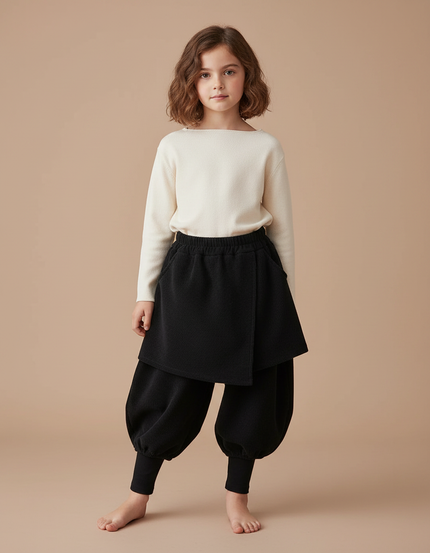 Pantalon Jupe Noir Plissé Intégré Chaud Fille - Cordé