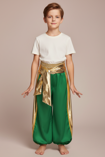 Pantalon Jupe Vert Satiné Drapé Doré Garçon