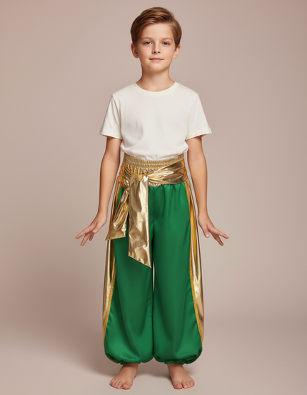 Pantalon Jupe Vert Satiné Drapé Doré Garçon