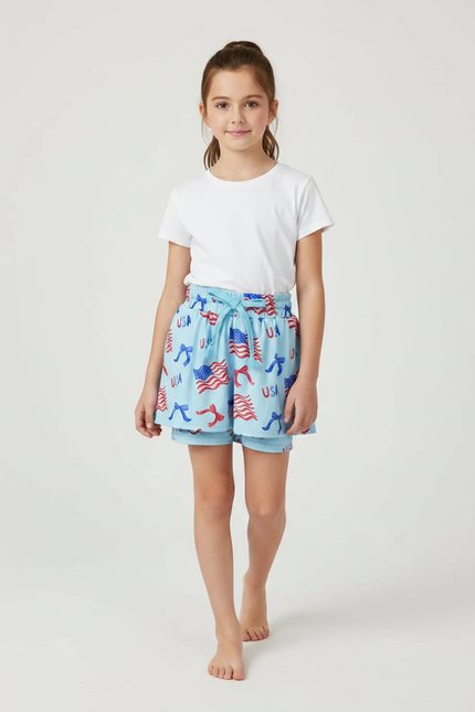 Pantalon Jupe Bleu Imprimé Drapeaux Américains Été - Coton