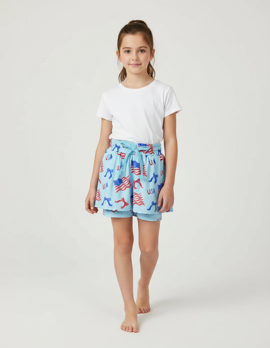 Pantalon Jupe Bleu Imprimé Drapeaux Américains Été - Coton
