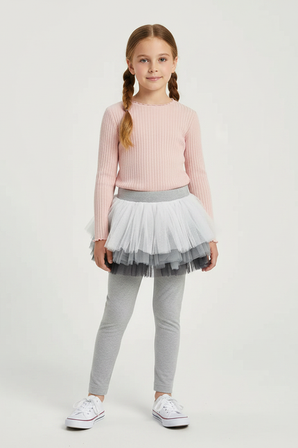 Pantalon Jupe Gris Tutu Superposé Fille Confortable - Maille