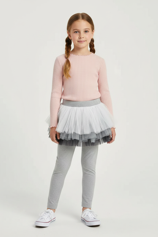 Pantalon Jupe Gris Tutu Superposé Fille Confortable - Maille