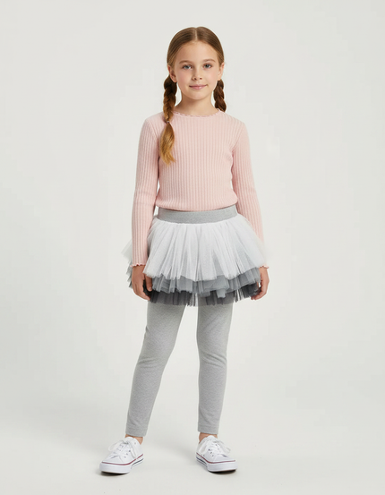 Pantalon Jupe Gris Tutu Superposé Fille Confortable - Maille
