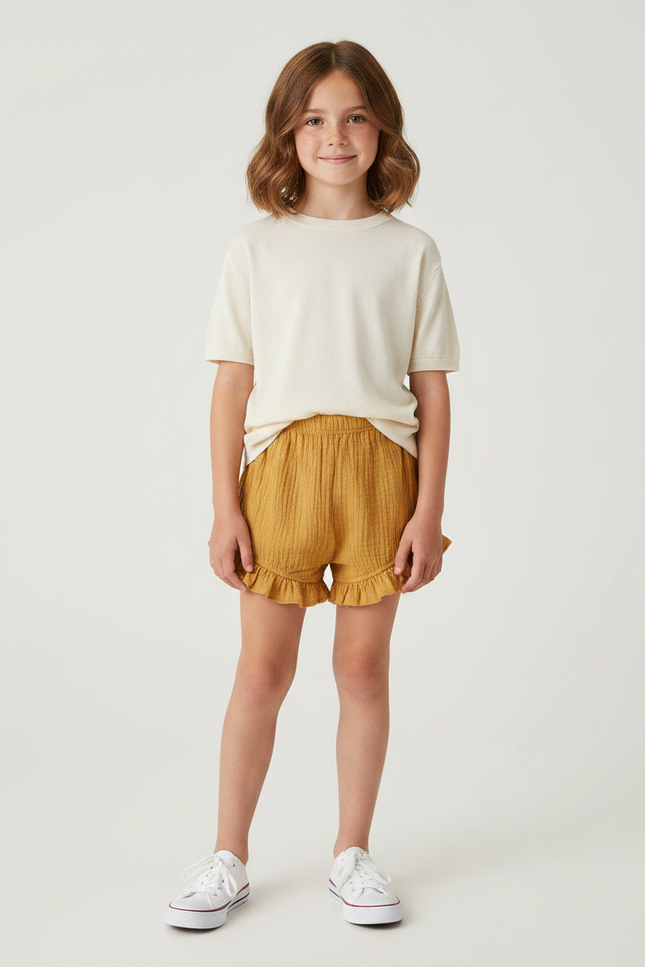 Pantalon Jupe Moutarde Volants Plissé Ample Enfant - Jaune Coton