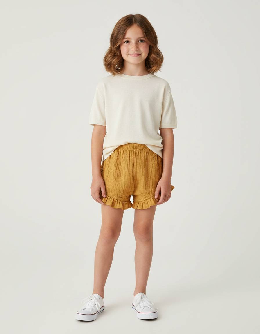 Pantalon Jupe Moutarde Volants Plissé Ample Enfant - Jaune Coton