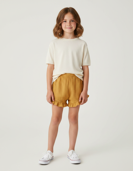 Pantalon Jupe Moutarde Volants Plissé Ample Enfant - Jaune Coton