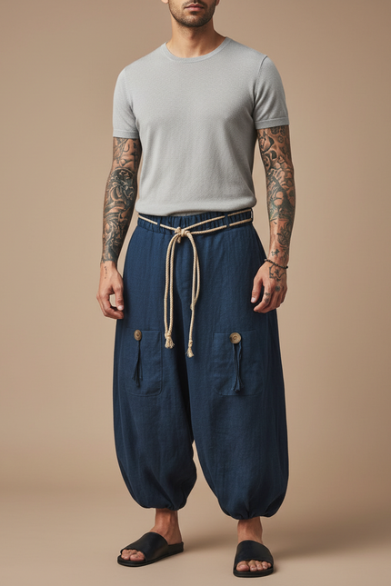 Pantalon Jupe Ample Coton Lin Bleu Marine Confortable