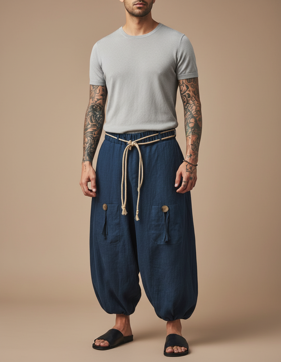 Pantalon Jupe Ample Coton Lin Bleu Marine Confortable
