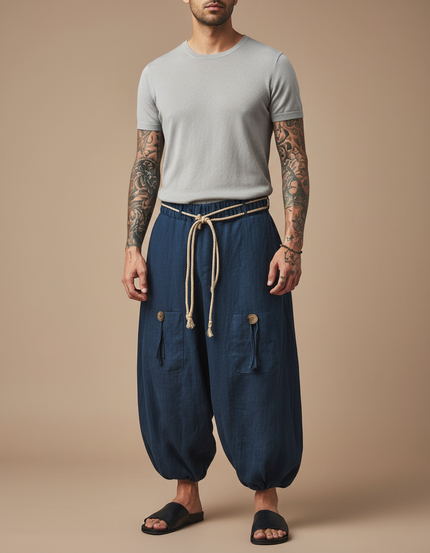 Pantalon Jupe Ample Coton Lin Bleu Marine Confortable