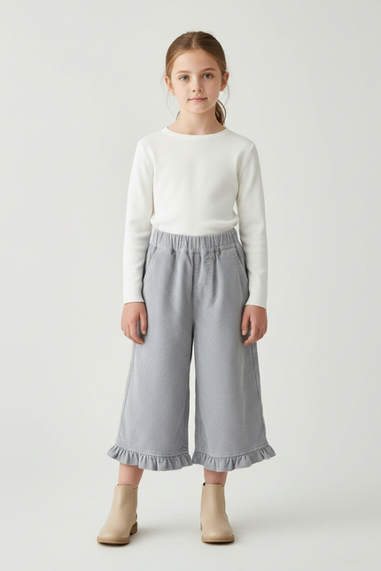 Pantalon Jupe Gris Côtelé Volants Ample Enfant - Cordé