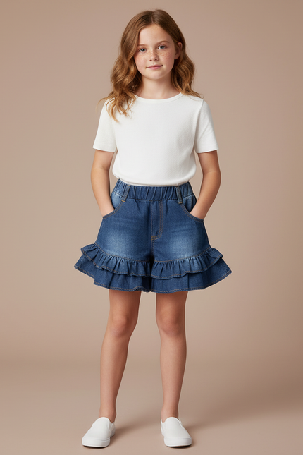 Pantalon Jupe Denim Bleu Volants Superposés Enfant - Jean