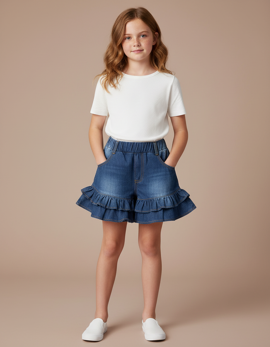 Pantalon Jupe Denim Bleu Volants Superposés Enfant - Jean