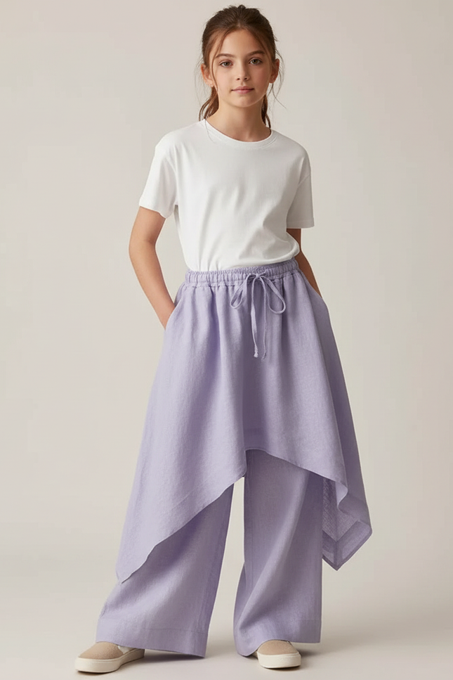 Pantalon Jupe Lavande Lin Ample Superposé Fille - Violet