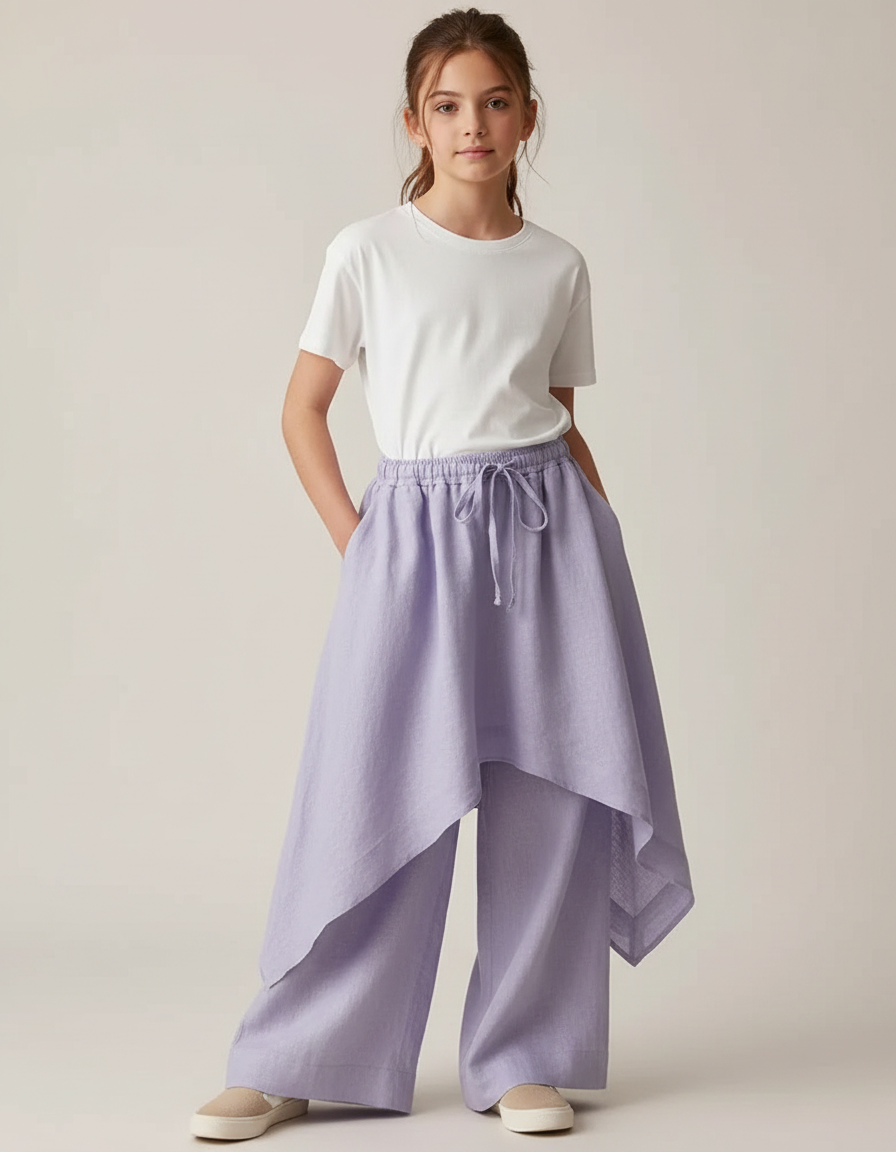Pantalon Jupe Lavande Lin Ample Superposé Fille - Violet
