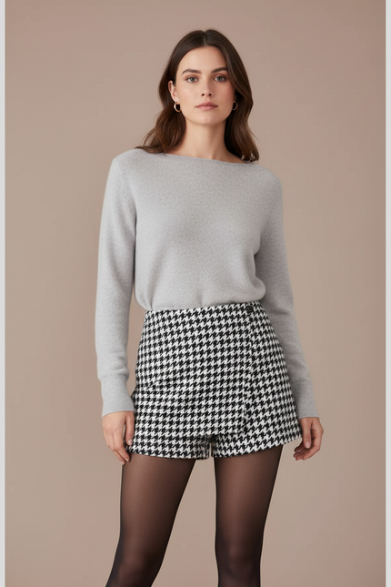 Pantalon Jupe Pied-de-poule Évasé Court Chic Élégant - Imprimé Tweed