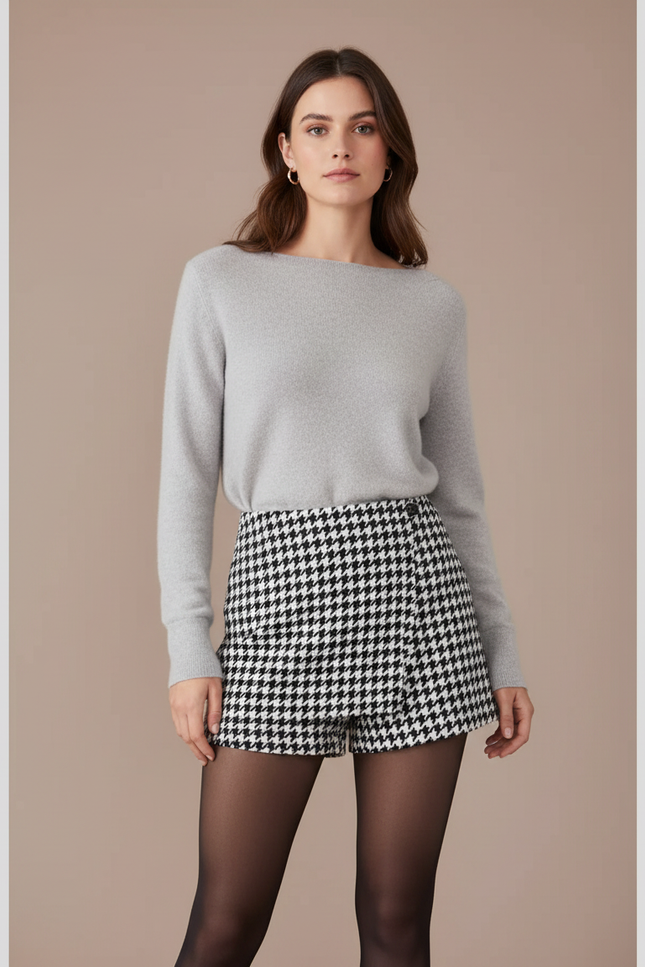 Pantalon Jupe Pied-de-poule Évasé Court Chic Élégant - Imprimé Tweed