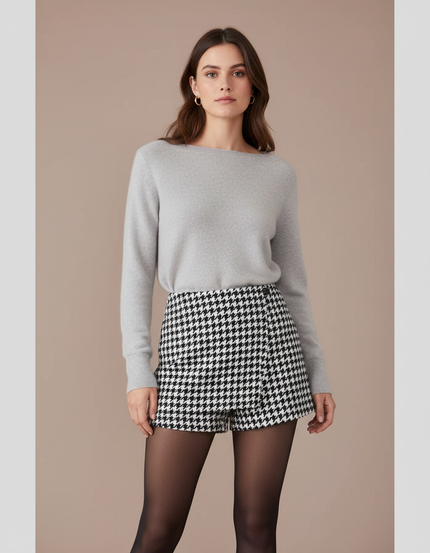 Pantalon Jupe Pied-de-poule Évasé Court Chic Élégant - Imprimé Tweed