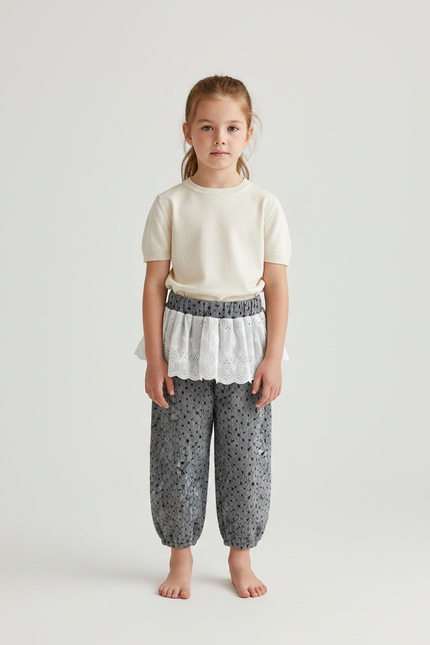 Pantalon Jupe Gris Côtelé Pois Volants Enfant - Cordé