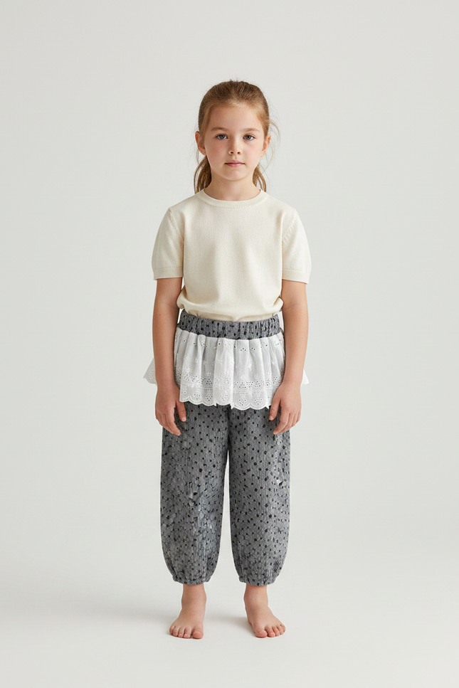 Pantalon Jupe Gris Côtelé Pois Volants Enfant - Cordé