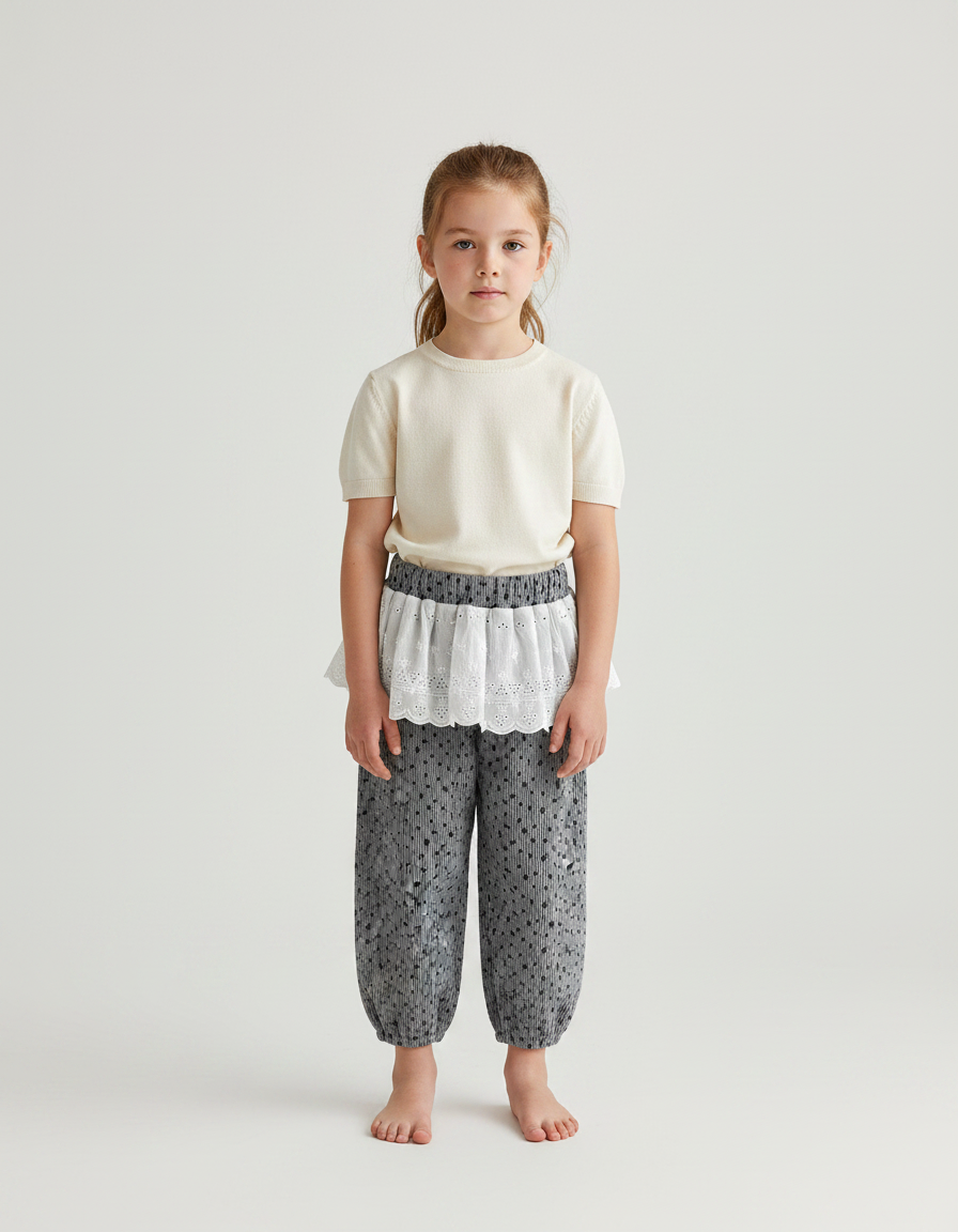 Pantalon Jupe Gris Côtelé Pois Volants Enfant - Cordé