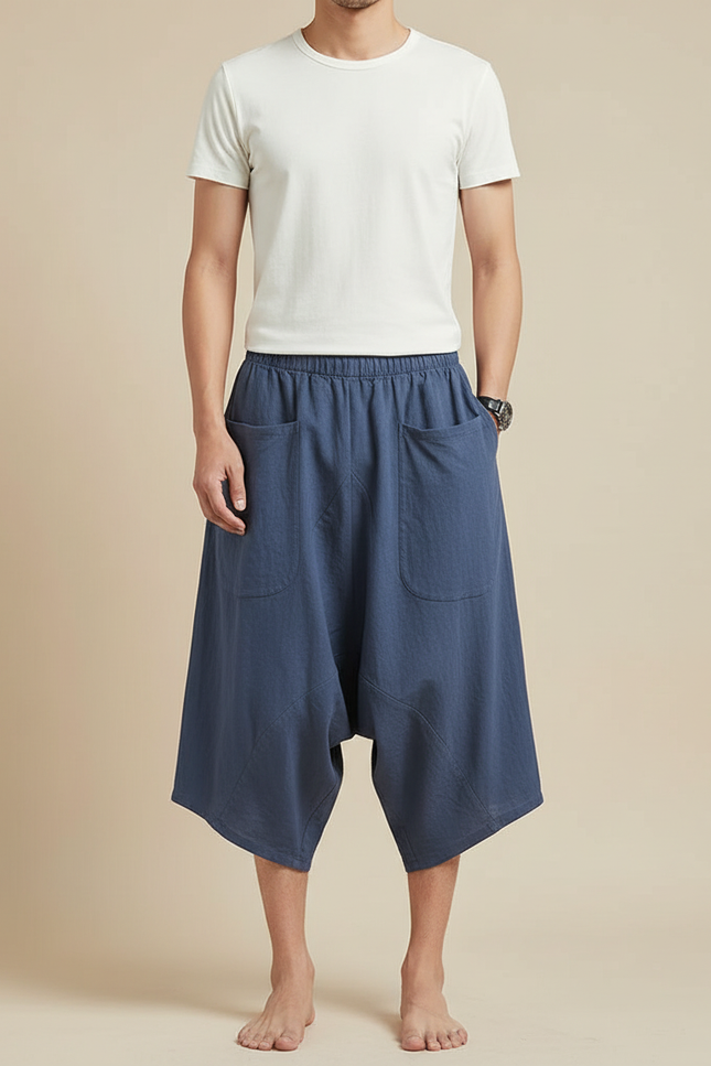 Pantalon Jupe Coton Lin Ample Bleu Homme