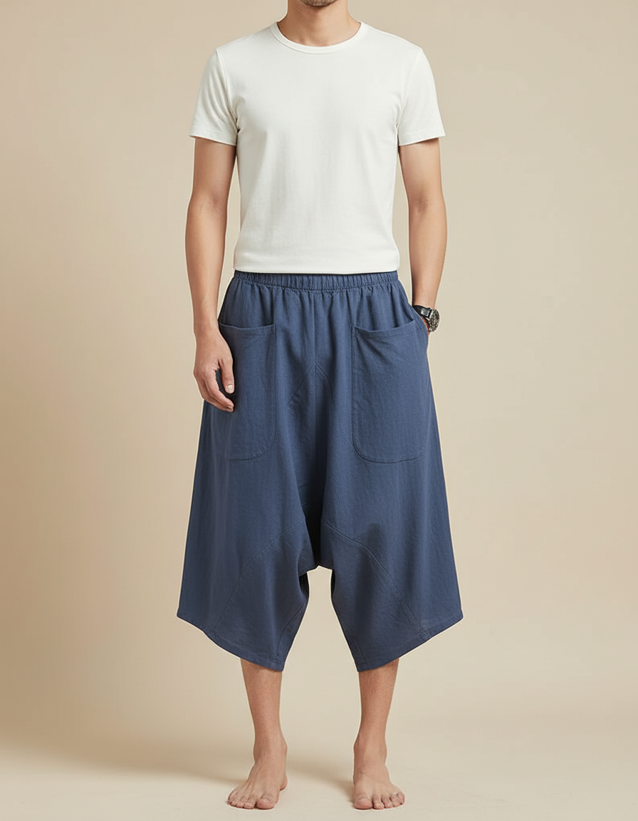 Pantalon Jupe Coton Lin Ample Bleu Homme