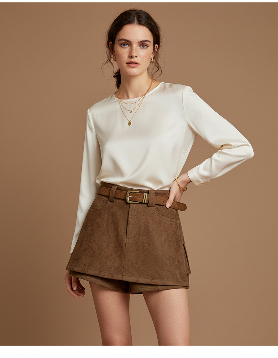 Pantalon Jupe Marron Suédine Ceinturé Vintage Élégant - Simili cuir