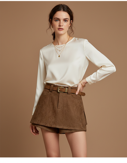 Pantalon Jupe Marron Suédine Ceinturé Vintage Élégant - Simili cuir