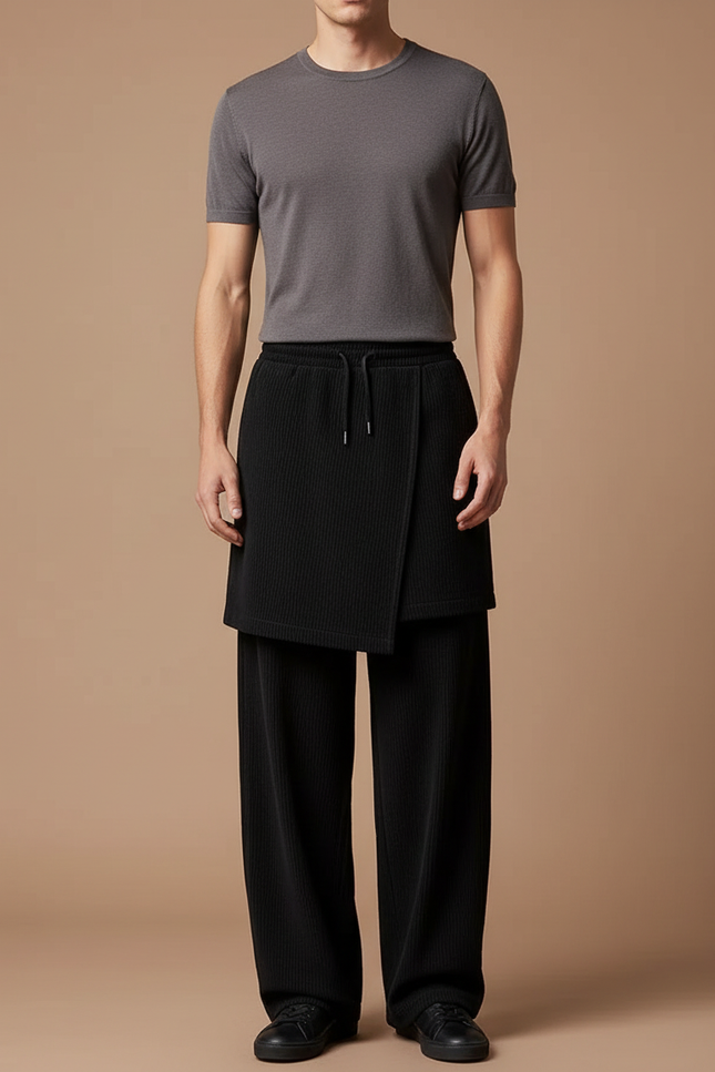 Pantalon Jupe Noir Plissé Ample Superposé Homme - Maille