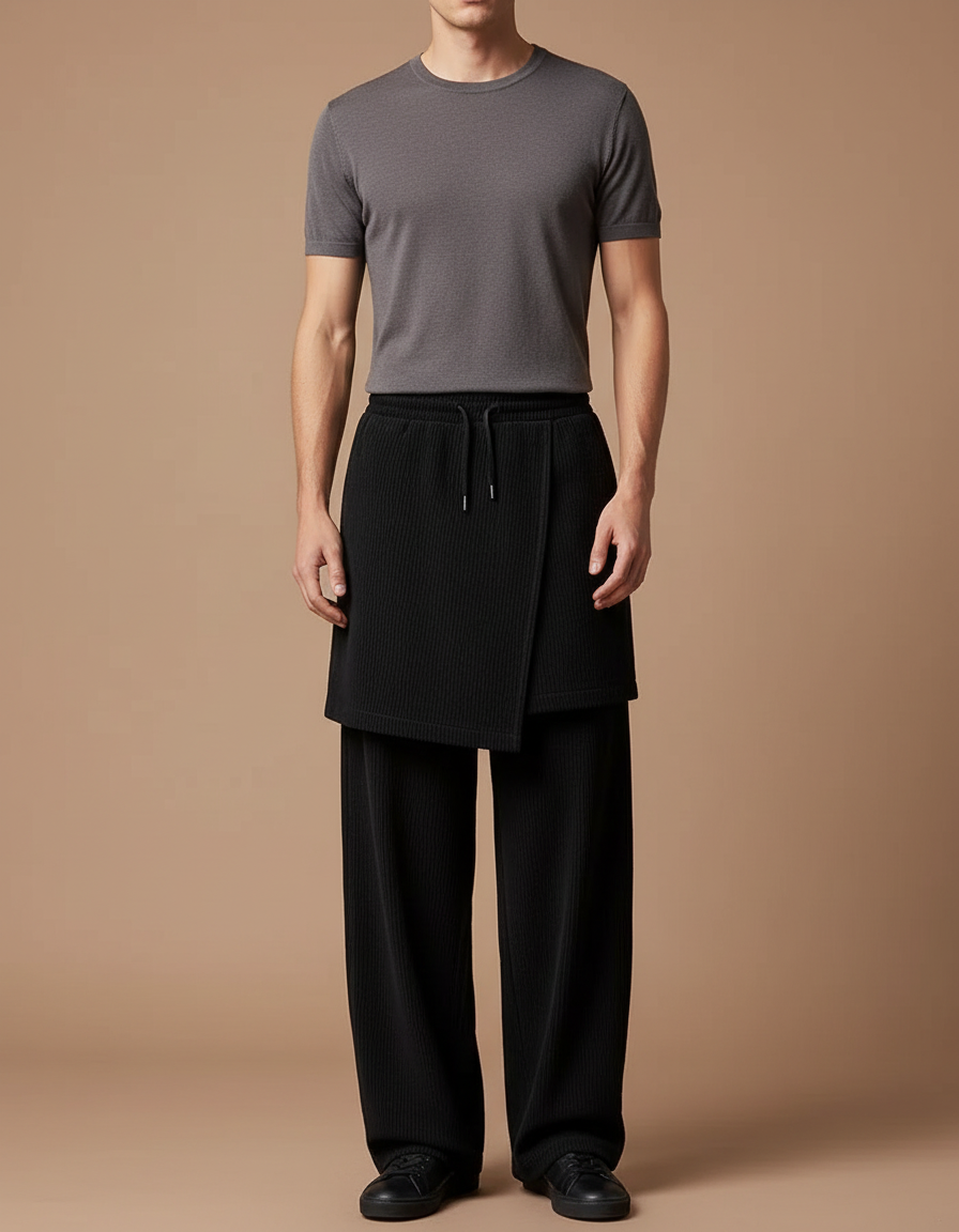 Pantalon Jupe Noir Plissé Ample Superposé Homme - Maille