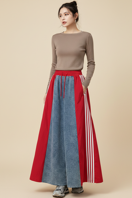 Pantalon Jupe Denim Rouge Évasé Longue Patchwork Rayures - Jean