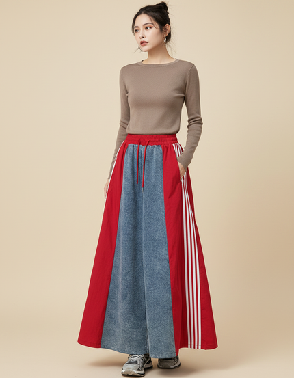 Pantalon Jupe Denim Rouge Évasé Longue Patchwork Rayures - Jean