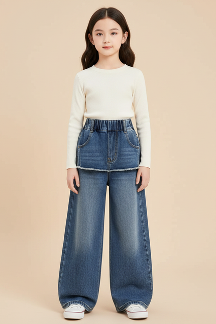 Pantalon Jupe Denim Bleu Ample Superposé Élastique - Jean