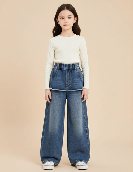 Pantalon Jupe Denim Bleu Ample Superposé Élastique - Jean