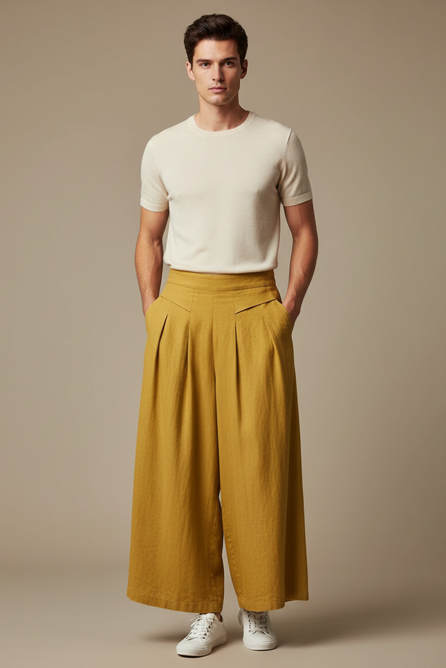 Pantalon Jupe Jaune Lin Ample Plissé Décontracté