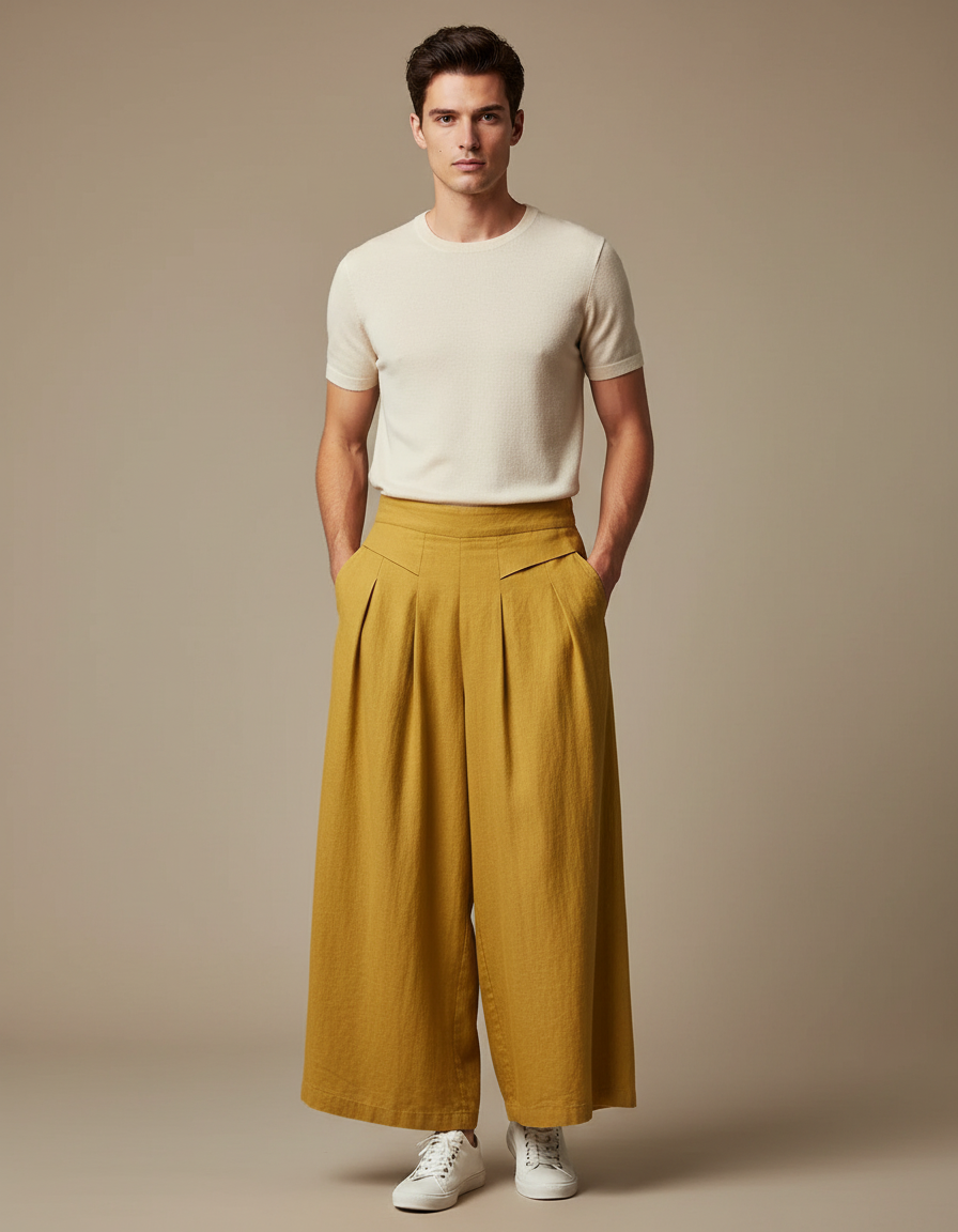 Pantalon Jupe Jaune Lin Ample Plissé Décontracté